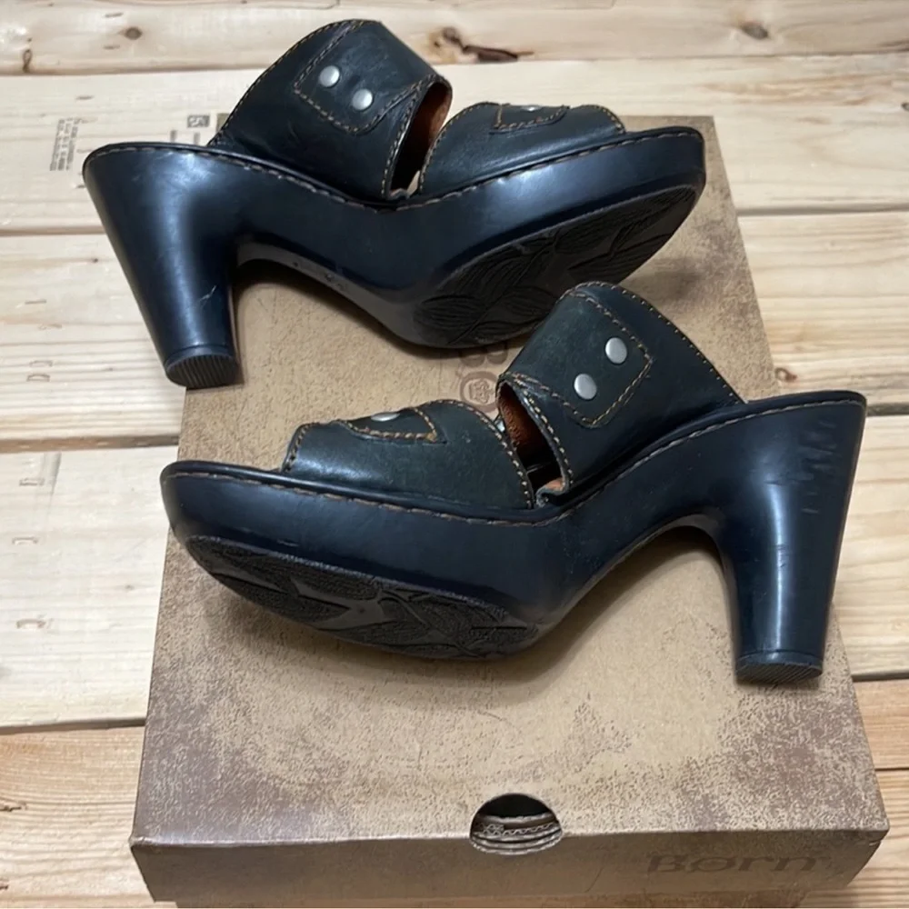 Born Celina Black Leather Heeled Sandals Size 9 Chunky Heel Buckle Mule